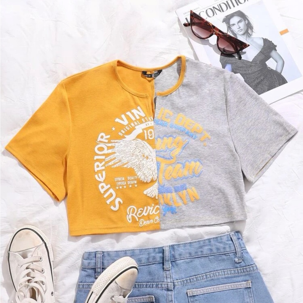 NWOT Split Two-Tone Graphic Crop Tshirt